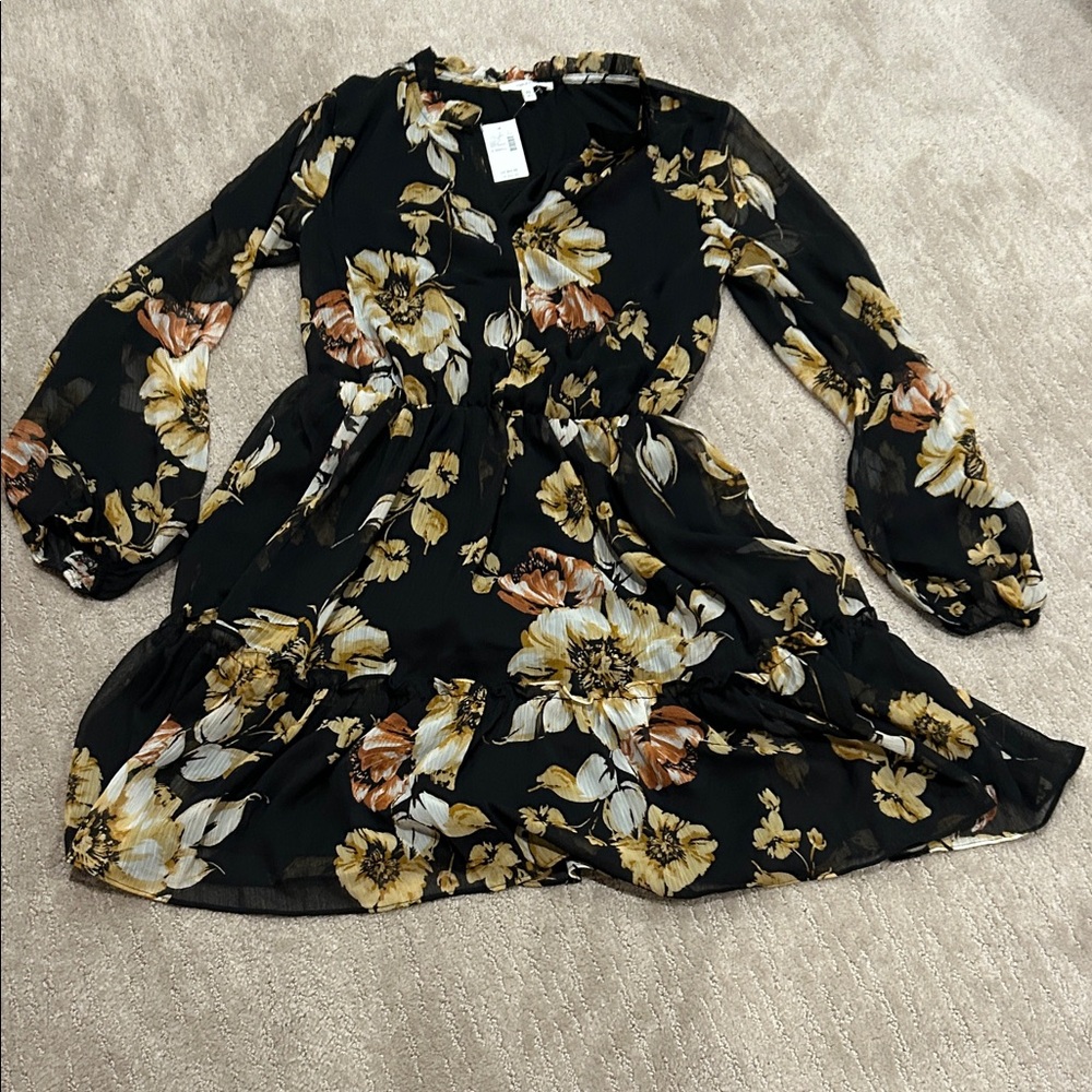 Maurices Black and Gold Floral Long Sleeve Dress